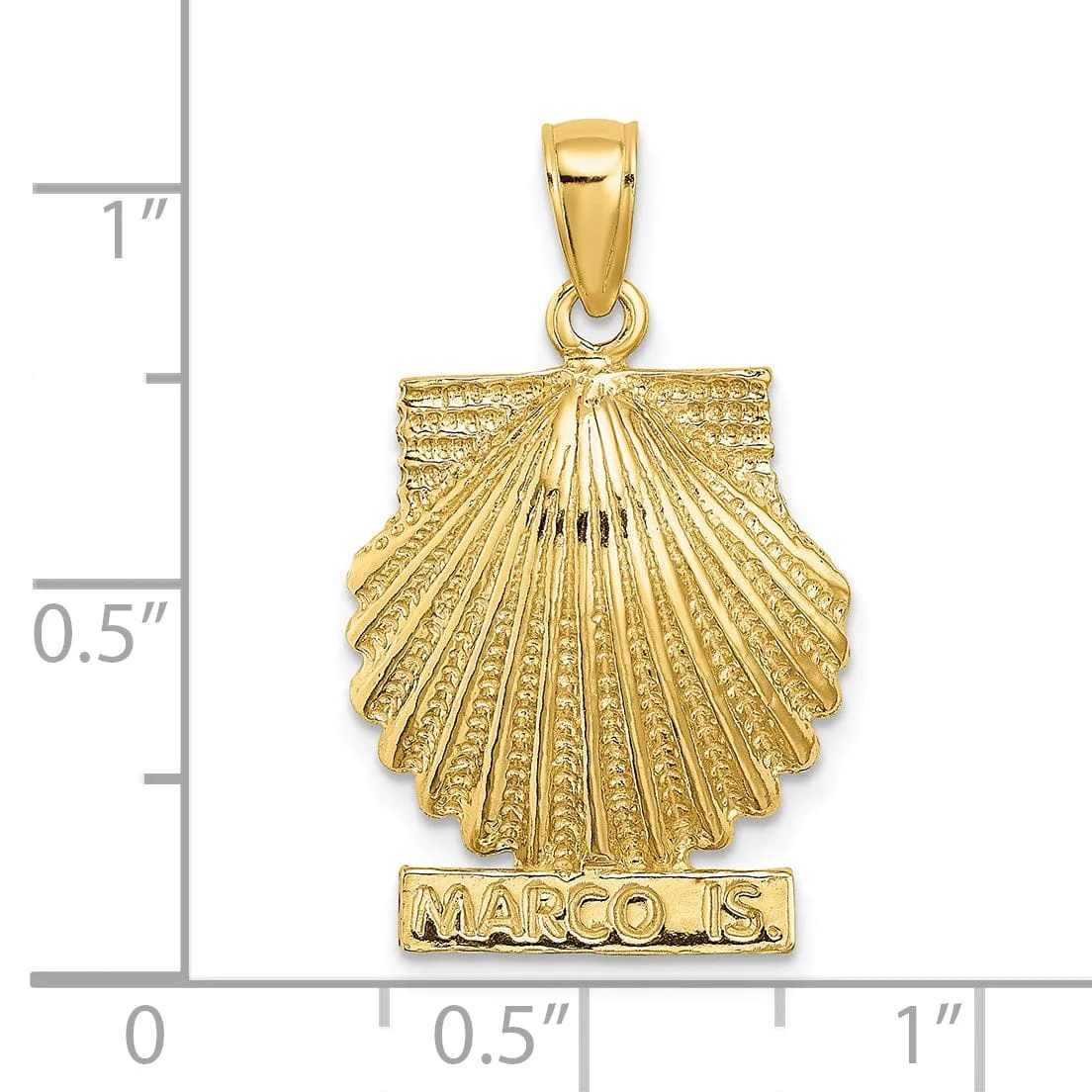 14K Yellow Gold Textured Polished Finish MARCO ISLAND on Scallop Sea Shell Design Charm Pendant