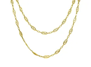 1840's French Victorian 18 Karat Yellow Gold Filigree 61 Inch Long Antique Chain Necklace