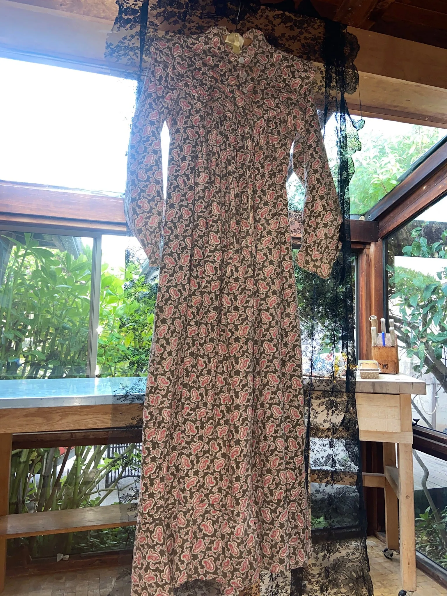 1890s Paisley Cotton Wrapper Dress