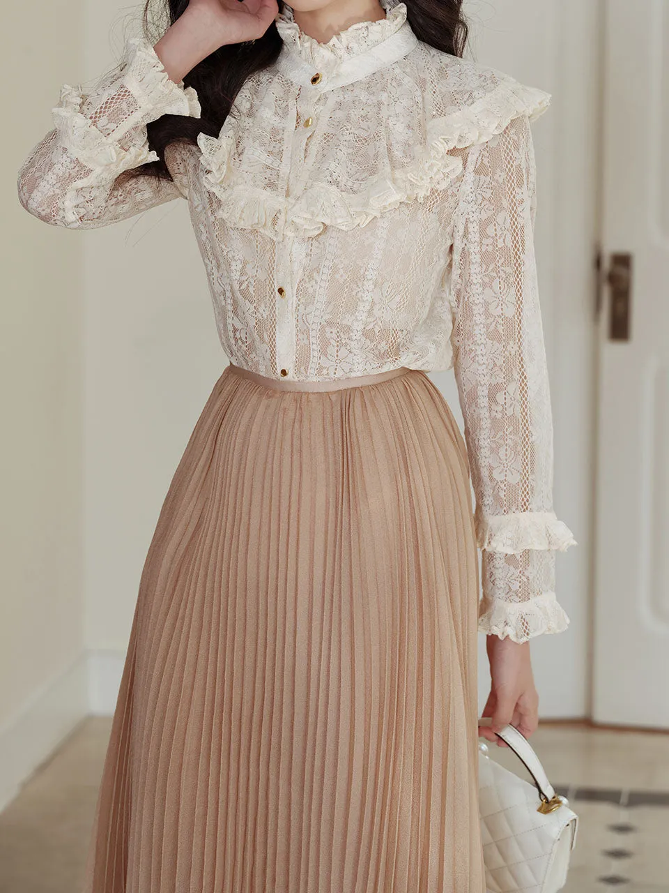 2PS White Victorian Lace Shirt and High Waist Pleated Skirt Vintage Dress Outfit