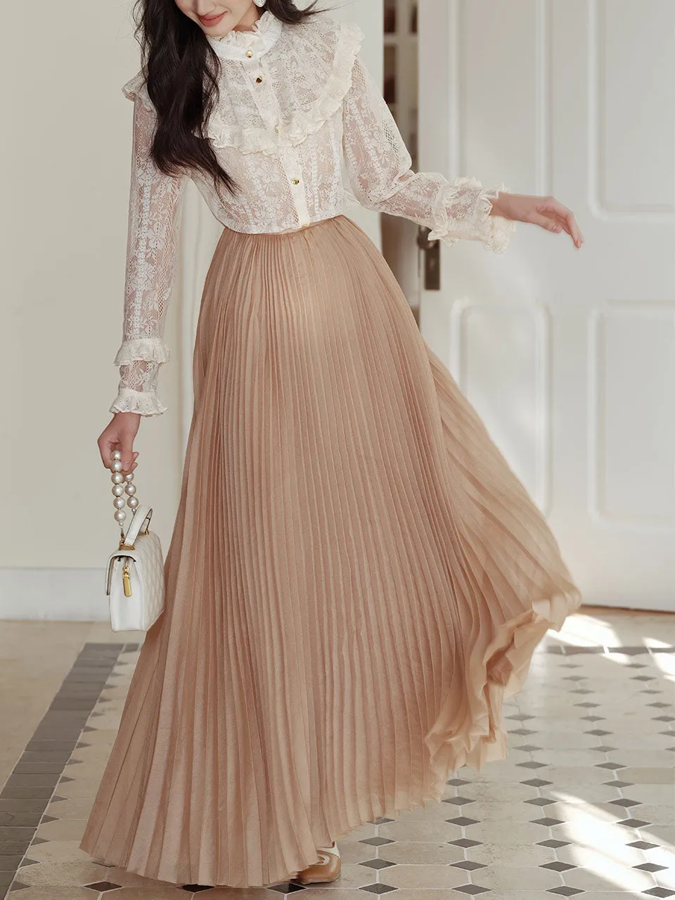 2PS White Victorian Lace Shirt and High Waist Pleated Skirt Vintage Dress Outfit