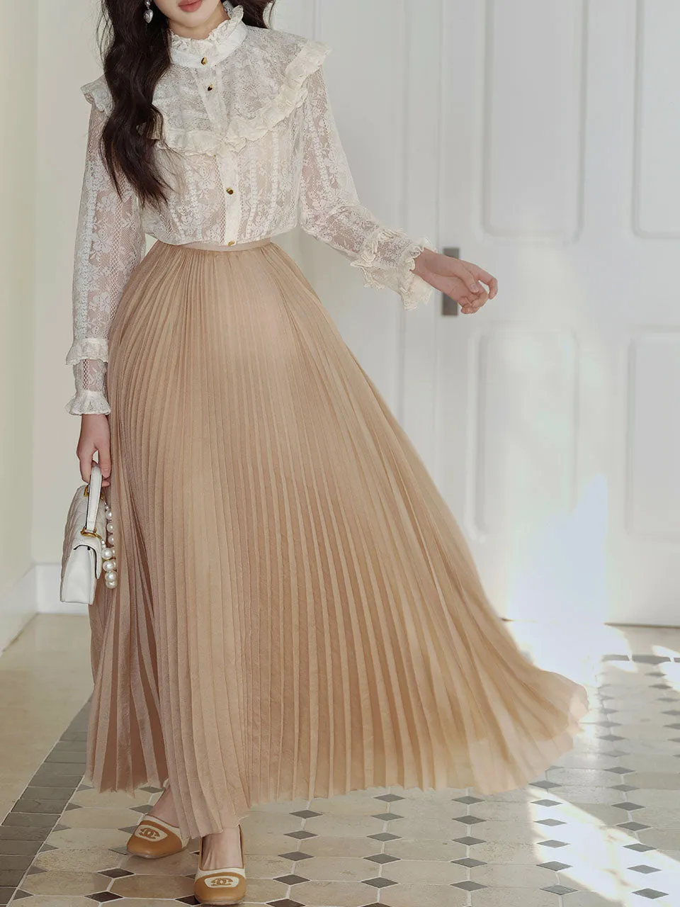 2PS White Victorian Lace Shirt and High Waist Pleated Skirt Vintage Dress Outfit