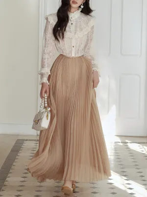 2PS White Victorian Lace Shirt and High Waist Pleated Skirt Vintage Dress Outfit