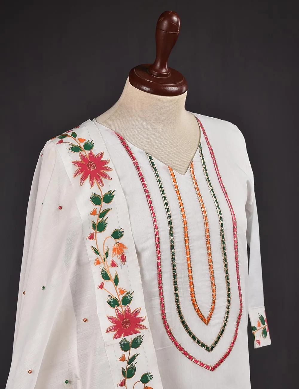 3 Pc Stitched Paper Cotton Chikankari Embroidered Dress with Beautiful Printed Borders - Charismatic Vibes (RTW-7-White)