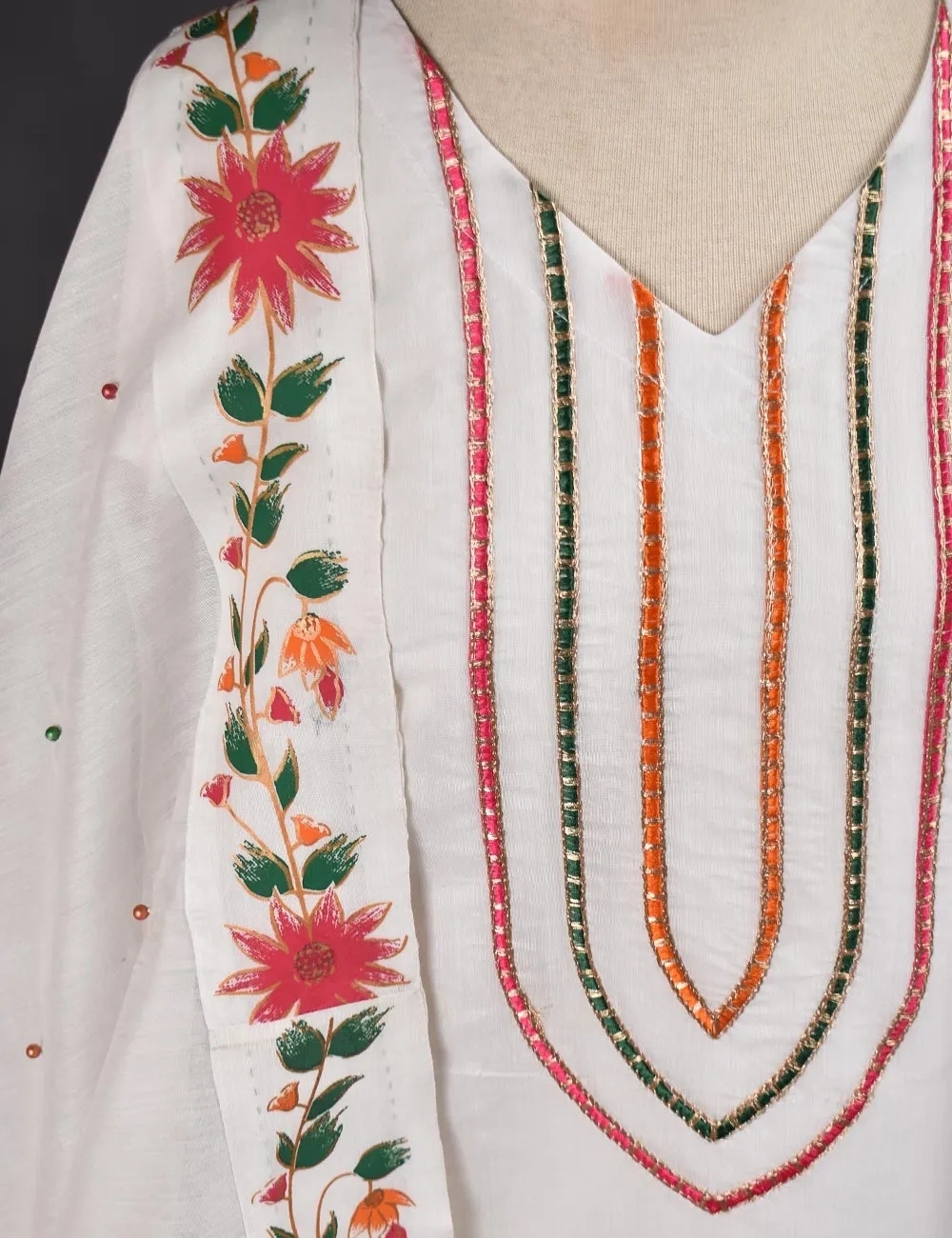 3 Pc Stitched Paper Cotton Chikankari Embroidered Dress with Beautiful Printed Borders - Charismatic Vibes (RTW-7-White)