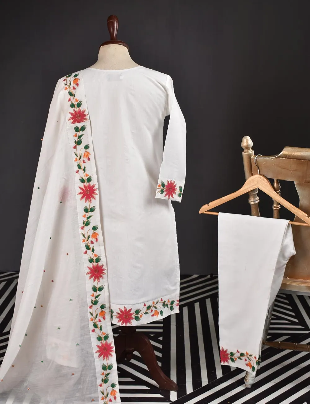 3 Pc Stitched Paper Cotton Chikankari Embroidered Dress with Beautiful Printed Borders - Charismatic Vibes (RTW-7-White)
