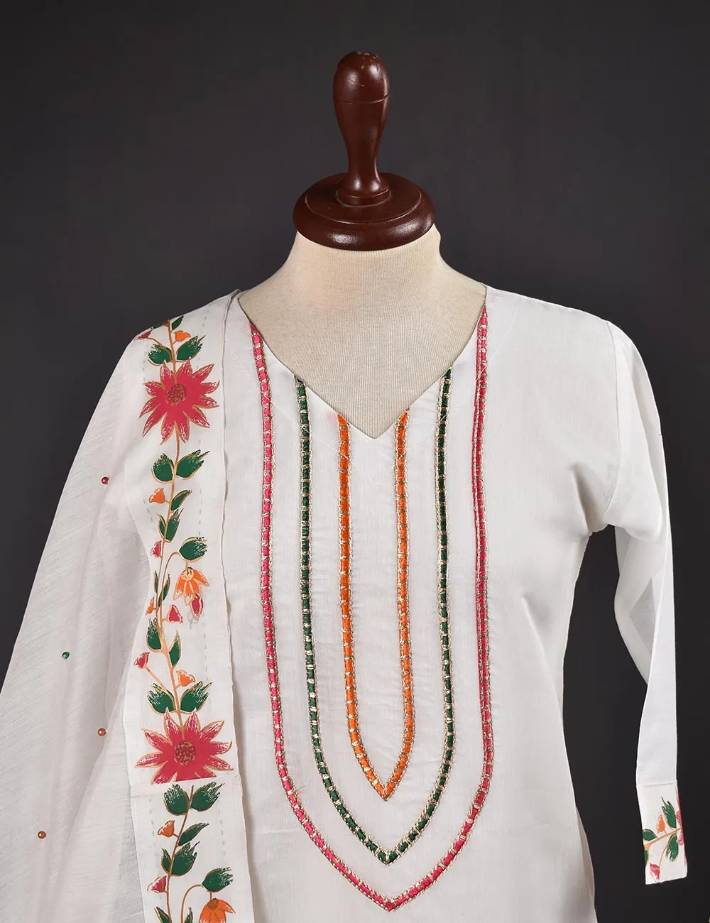 3 Pc Stitched Paper Cotton Chikankari Embroidered Dress with Beautiful Printed Borders - Charismatic Vibes (RTW-7-White)