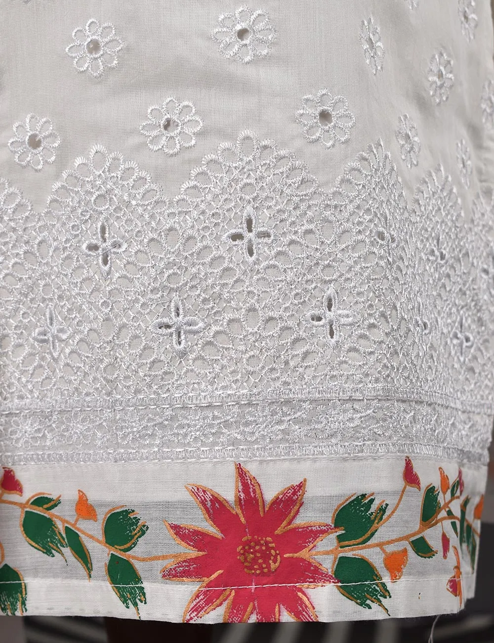 3 Pc Stitched Paper Cotton Chikankari Embroidered Dress with Beautiful Printed Borders - Charismatic Vibes (RTW-7-White)