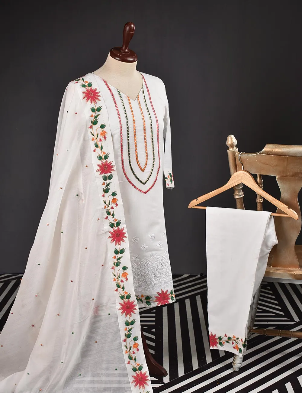 3 Pc Stitched Paper Cotton Chikankari Embroidered Dress with Beautiful Printed Borders - Charismatic Vibes (RTW-7-White)
