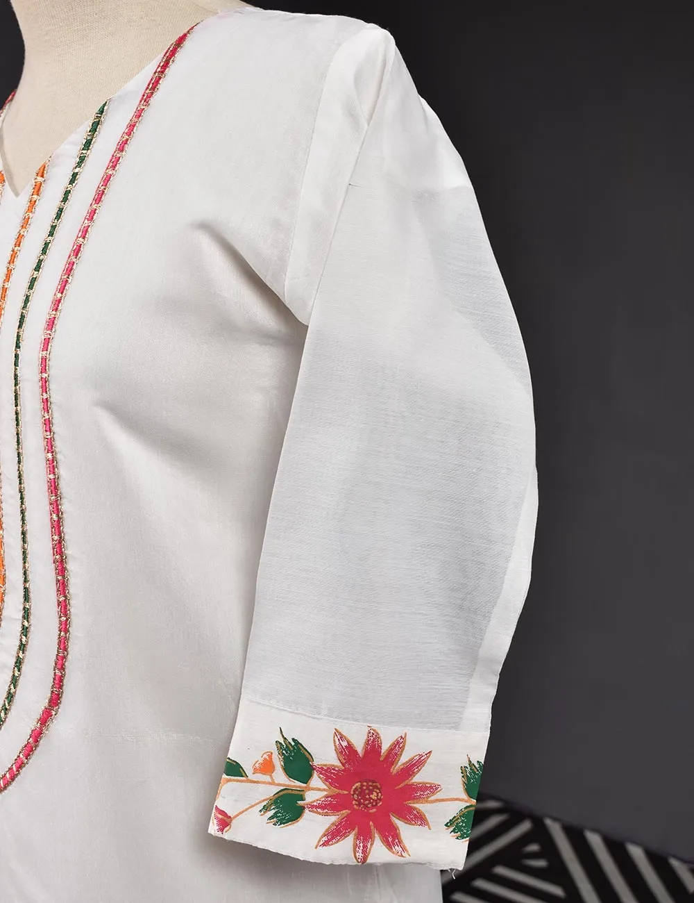 3 Pc Stitched Paper Cotton Chikankari Embroidered Dress with Beautiful Printed Borders - Charismatic Vibes (RTW-7-White)