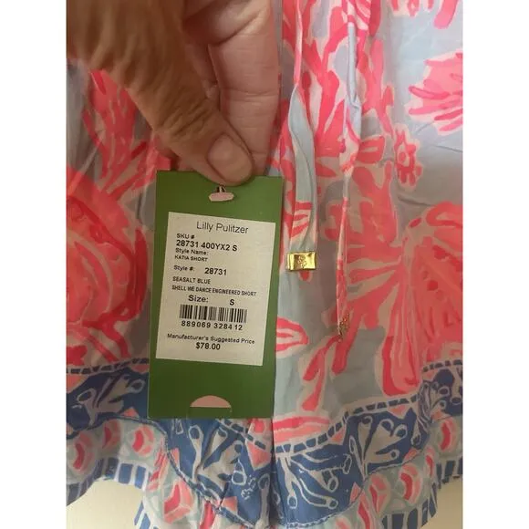 $78 NWT Lilly Pulitzer Katia Shell We Dance Drawstring Shorts Size S Pink Blue