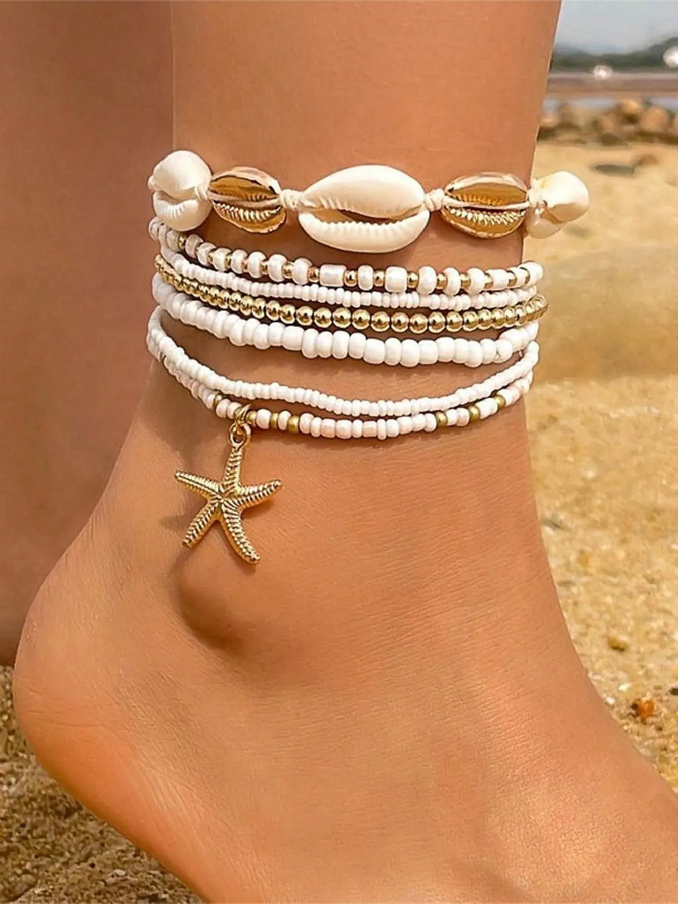 7pcs Bohemian Style Beachy Sea Star Bead Elastic Anklet Set