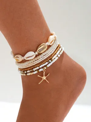 7pcs Bohemian Style Beachy Sea Star Bead Elastic Anklet Set