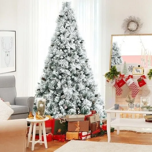 8 Feet Snow Flocked Christmas Tree Glitter Tips with Pine Cone and Red Berries -