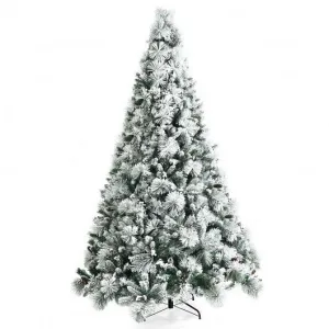 8 Feet Snow Flocked Christmas Tree Glitter Tips with Pine Cone and Red Berries -