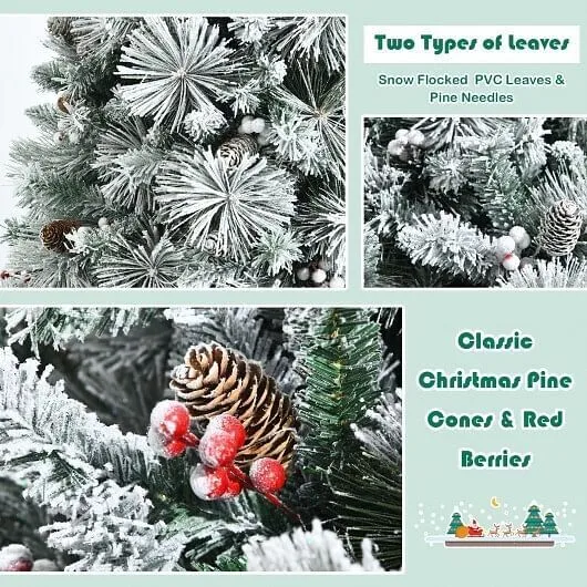 8 Feet Snow Flocked Christmas Tree Glitter Tips with Pine Cone and Red Berries -