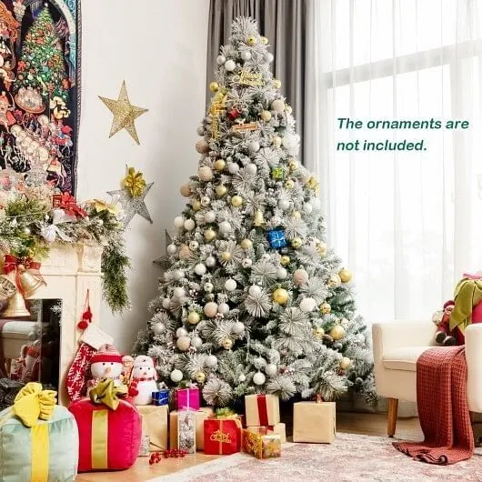 8 Feet Snow Flocked Christmas Tree Glitter Tips with Pine Cone and Red Berries -