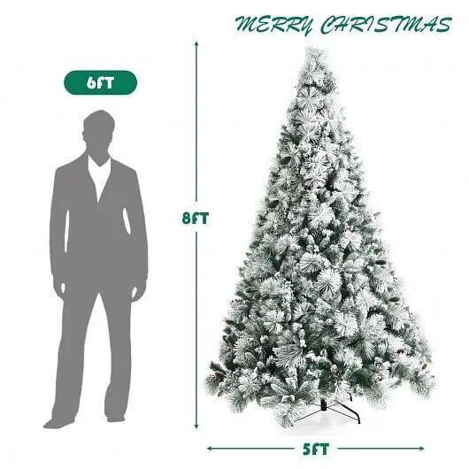 8 Feet Snow Flocked Christmas Tree Glitter Tips with Pine Cone and Red Berries -