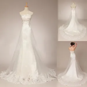 Affordable Lace Strapless Pretty Mermaid Wedding Dresses with Short Train,Shining Rhinestone Bridal Dress,220007