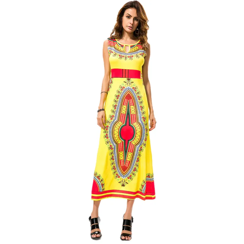 African Kitenge Wax Print Ankara Batik Bohemian Sleeveless Long Dress