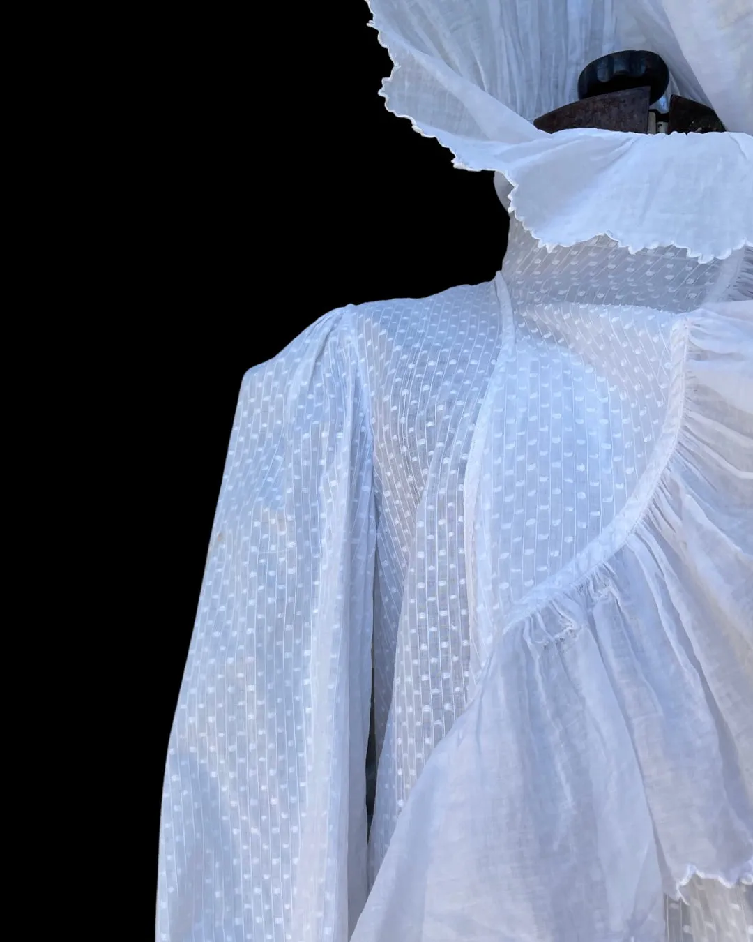 Antique Bell Epoque 1890s Cotton Swiss Dot Trained Peignoir