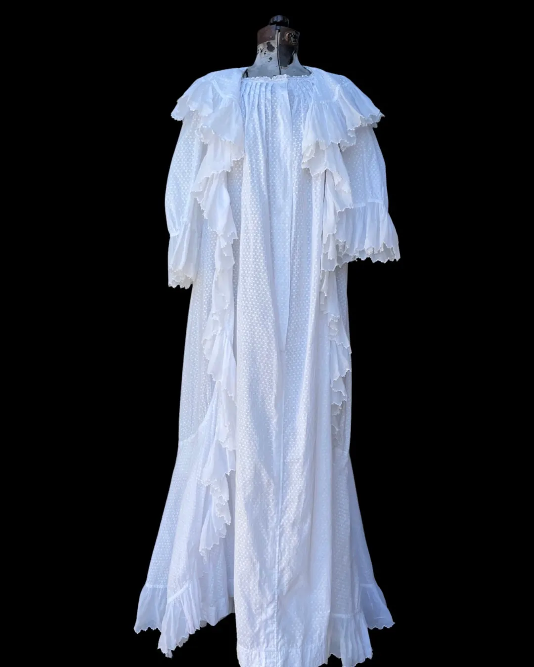 Antique Bell Epoque 1890s Cotton Swiss Dot Trained Peignoir