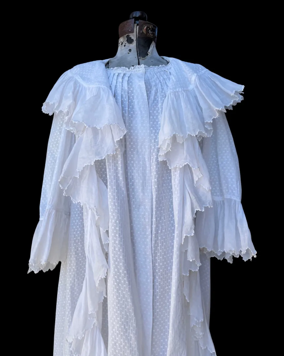 Antique Bell Epoque 1890s Cotton Swiss Dot Trained Peignoir