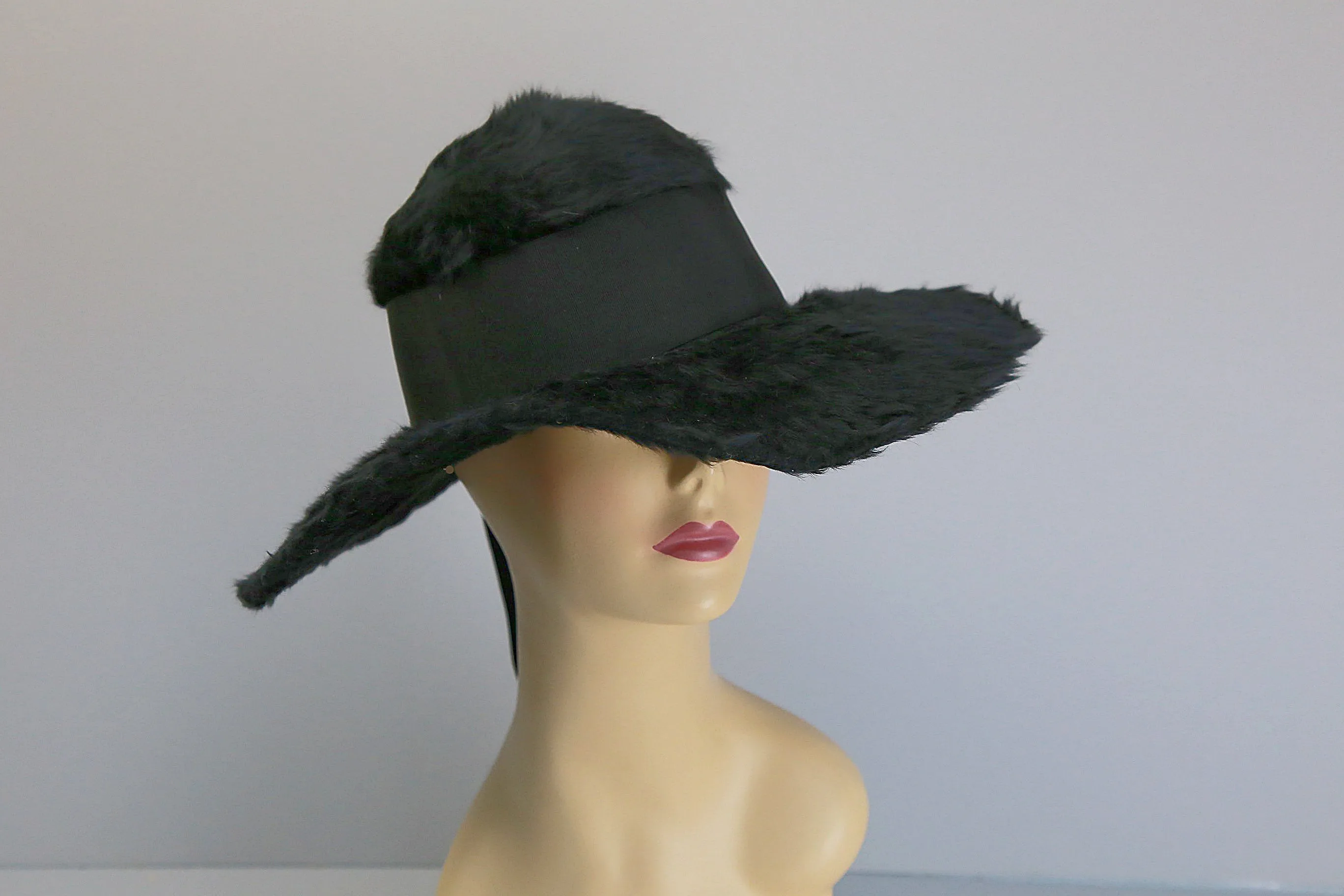 Antique Edwardian large black long mohair fur hat wide brim