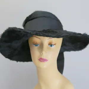 Antique Edwardian large black long mohair fur hat wide brim