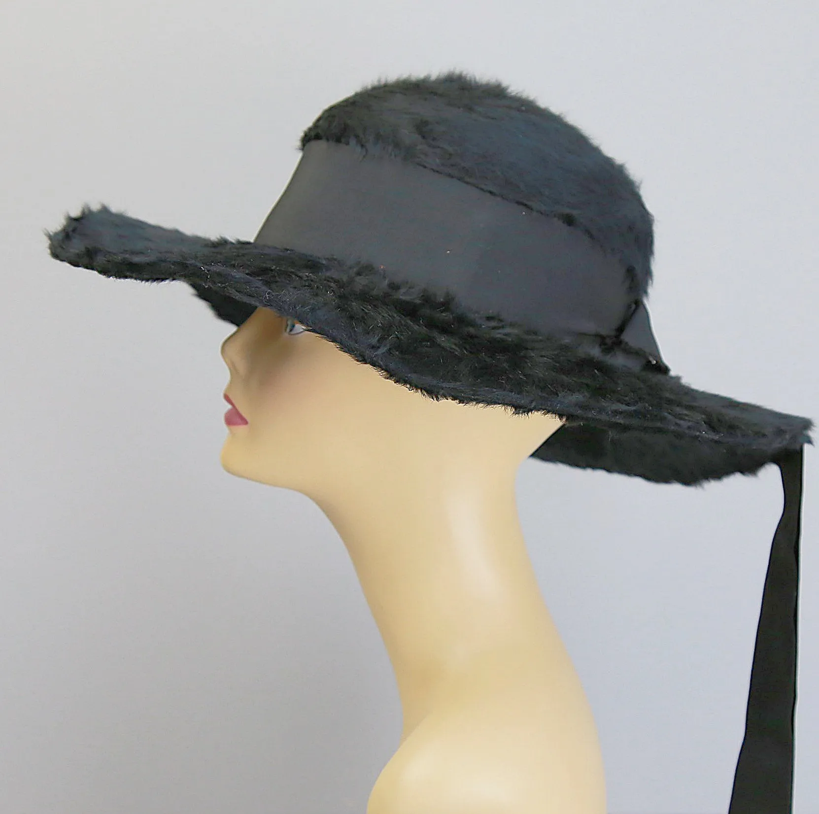 Antique Edwardian large black long mohair fur hat wide brim