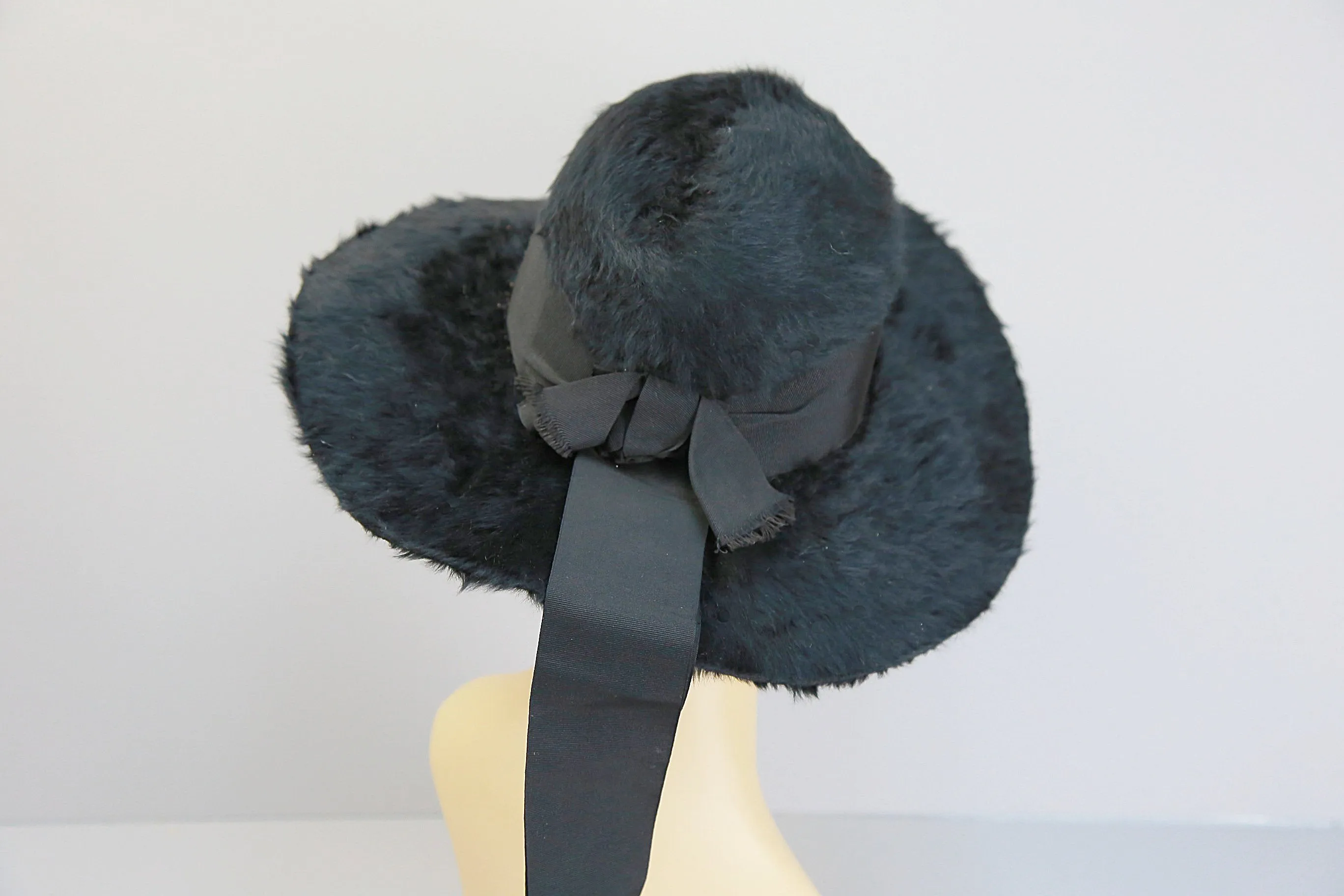 Antique Edwardian large black long mohair fur hat wide brim