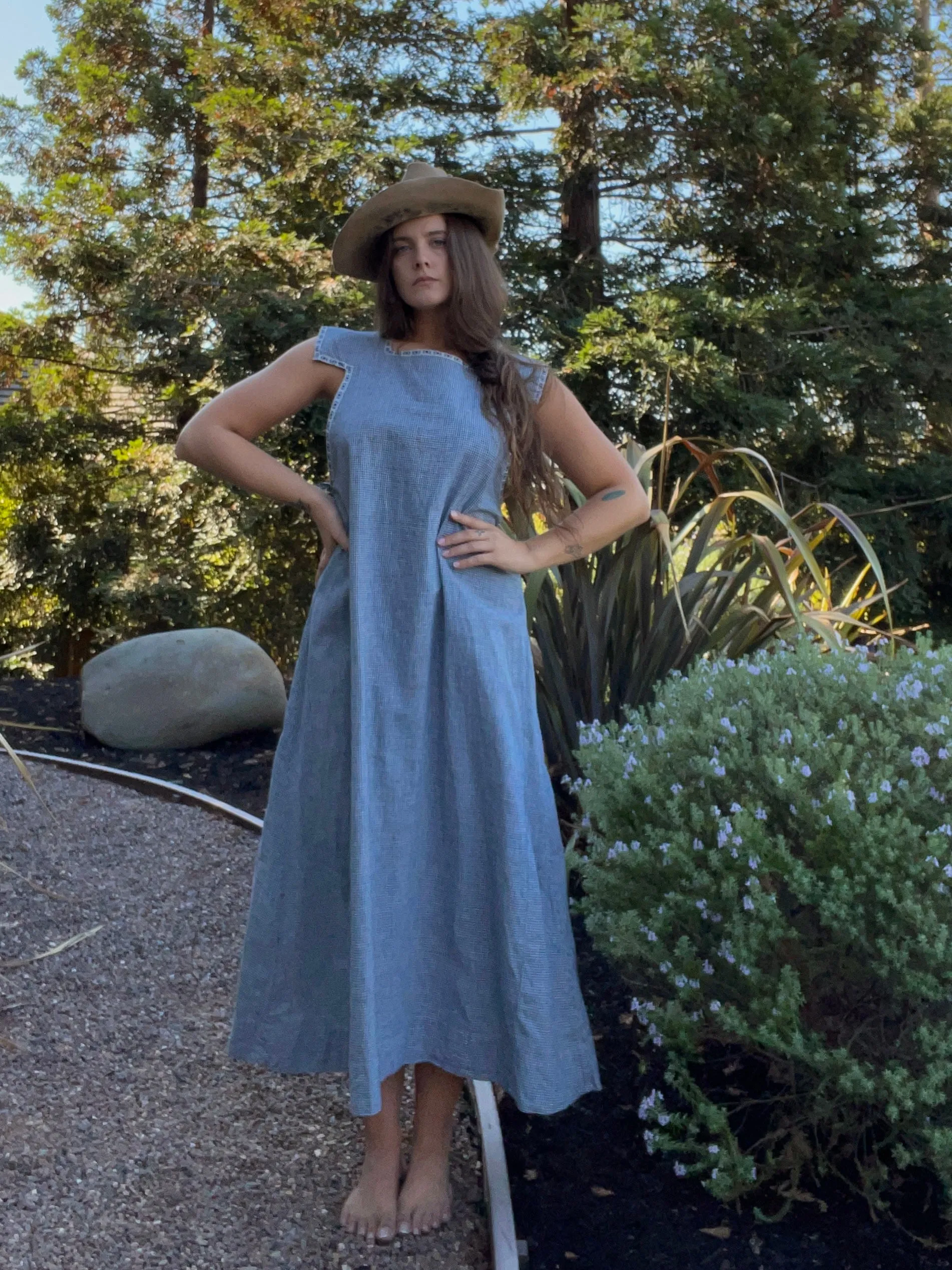 Antique Primitive Indigo Checkered Homespun Pinafore Dress