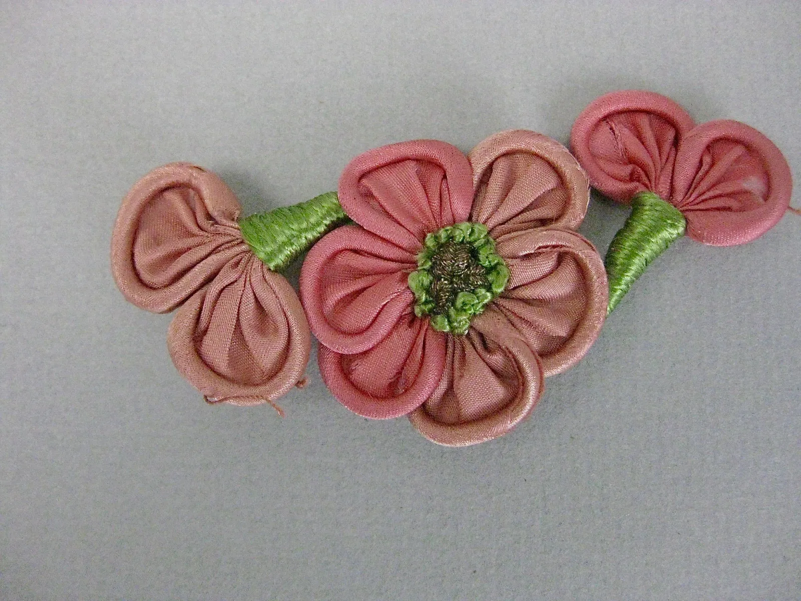 Antique Victorian large ombre ribbon flowers roses ribbon work 3 pieces