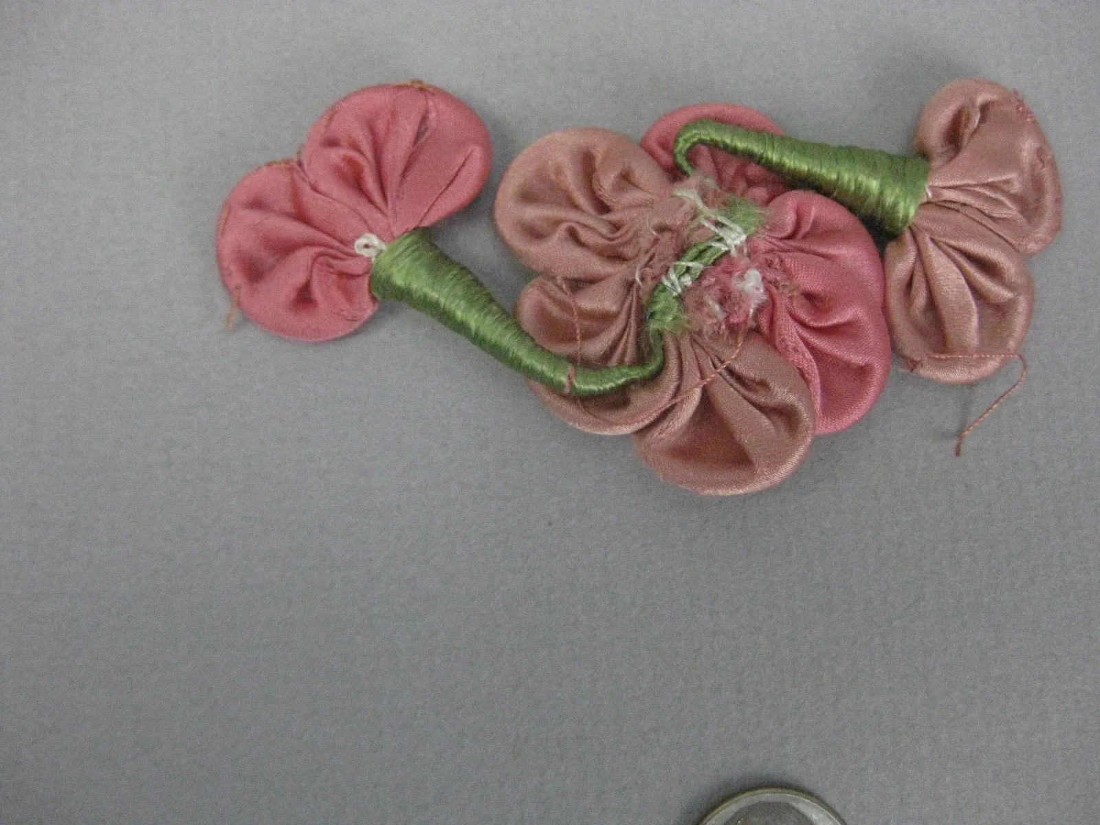 Antique Victorian large ombre ribbon flowers roses ribbon work 3 pieces