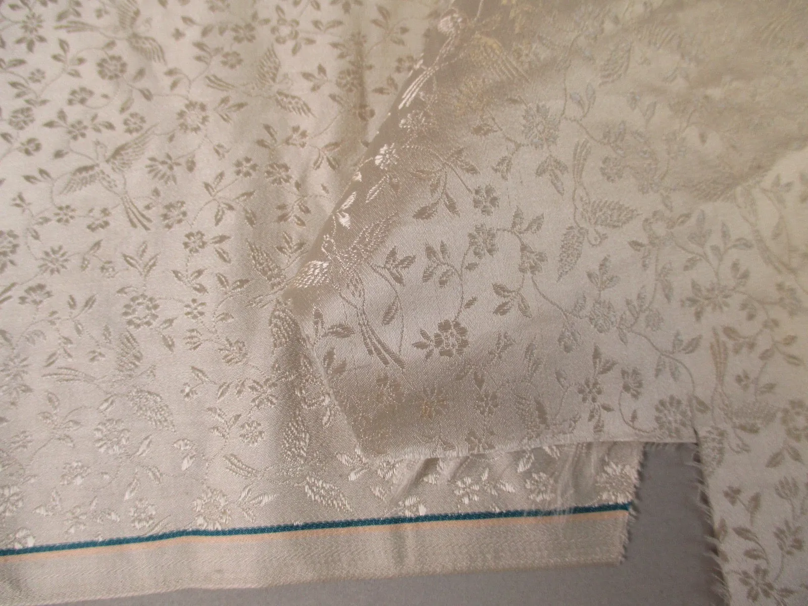 Antique Victorian Silk Damask Floral Bird Print