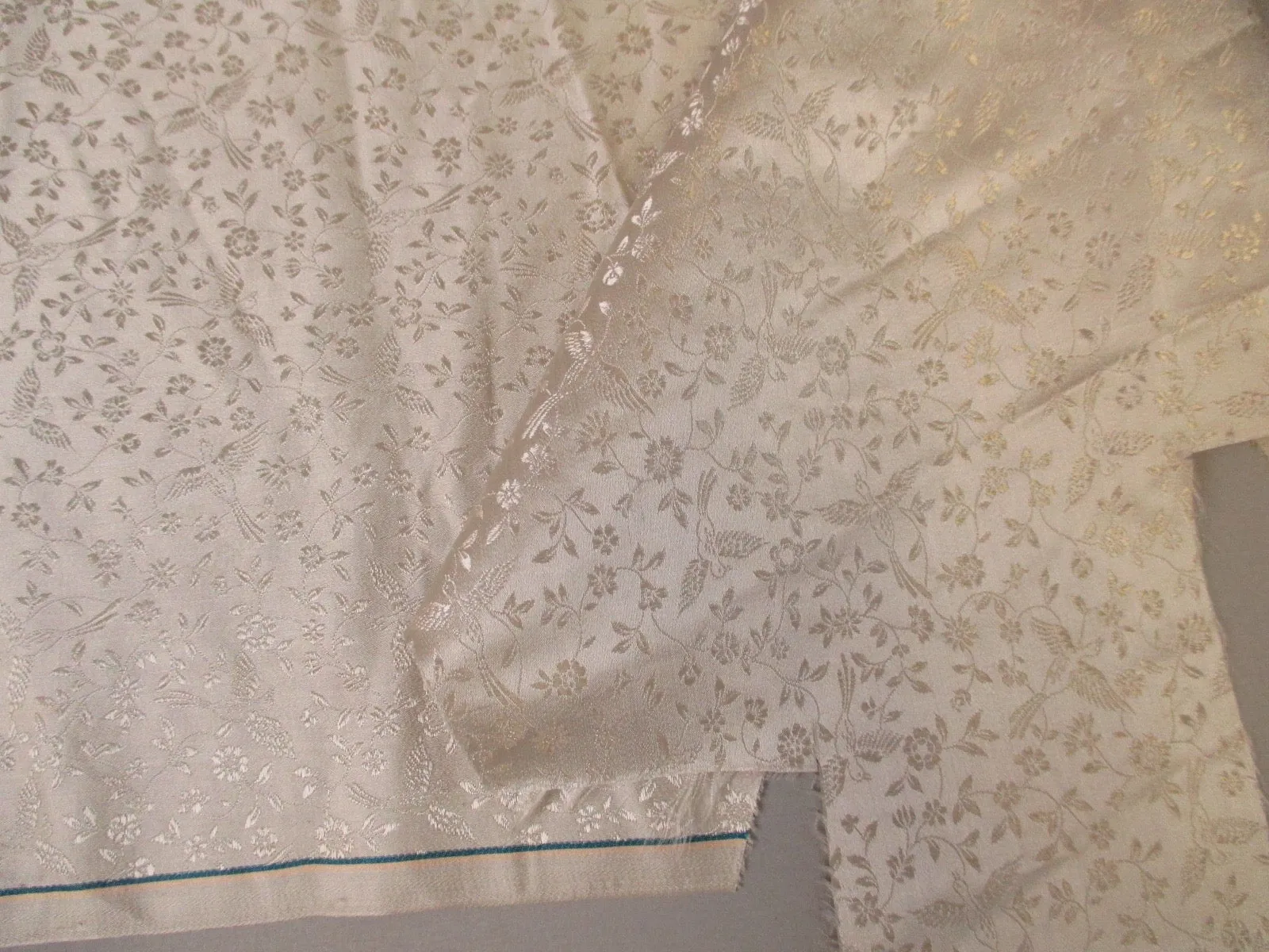 Antique Victorian Silk Damask Floral Bird Print