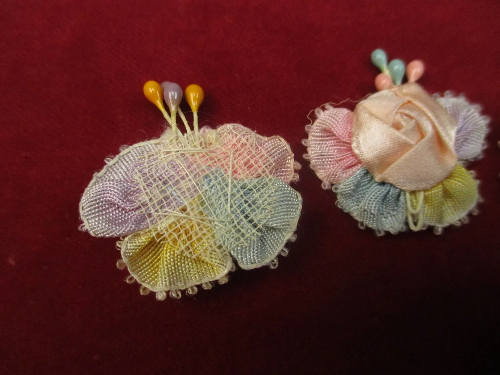 Antique Victorian silk ribbon rose ribbon art rosettes 3 pc
