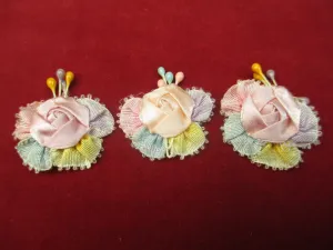 Antique Victorian silk ribbon rose ribbon art rosettes 3 pc