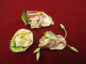 Antique Victorian silk ribbon rose ribbon art rosettes 3 pc