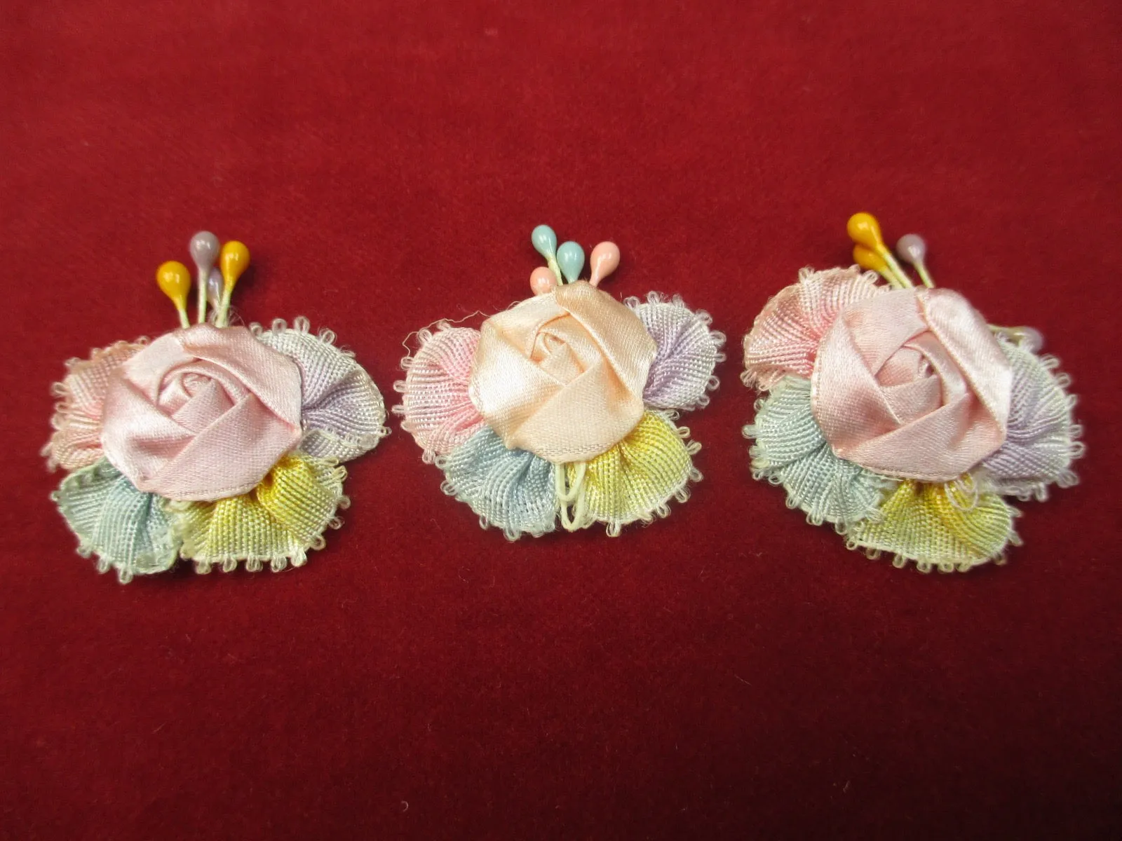 Antique Victorian silk ribbon rose ribbon art rosettes 3 pc