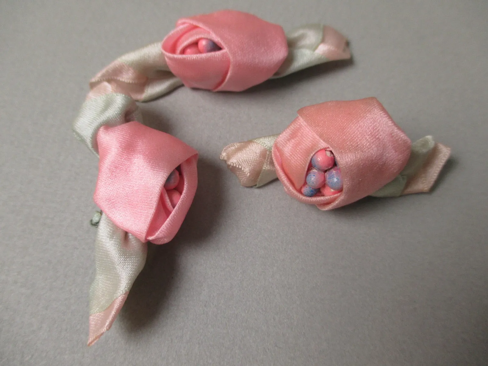 Antique Victorian Silk Ribbon Rose ribbon art set of 3