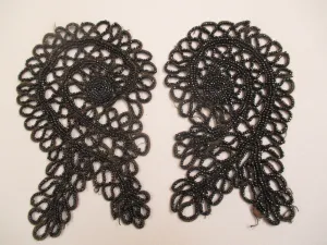 Antique Victorian trim Black Jet Beaded Appliqué set of 2