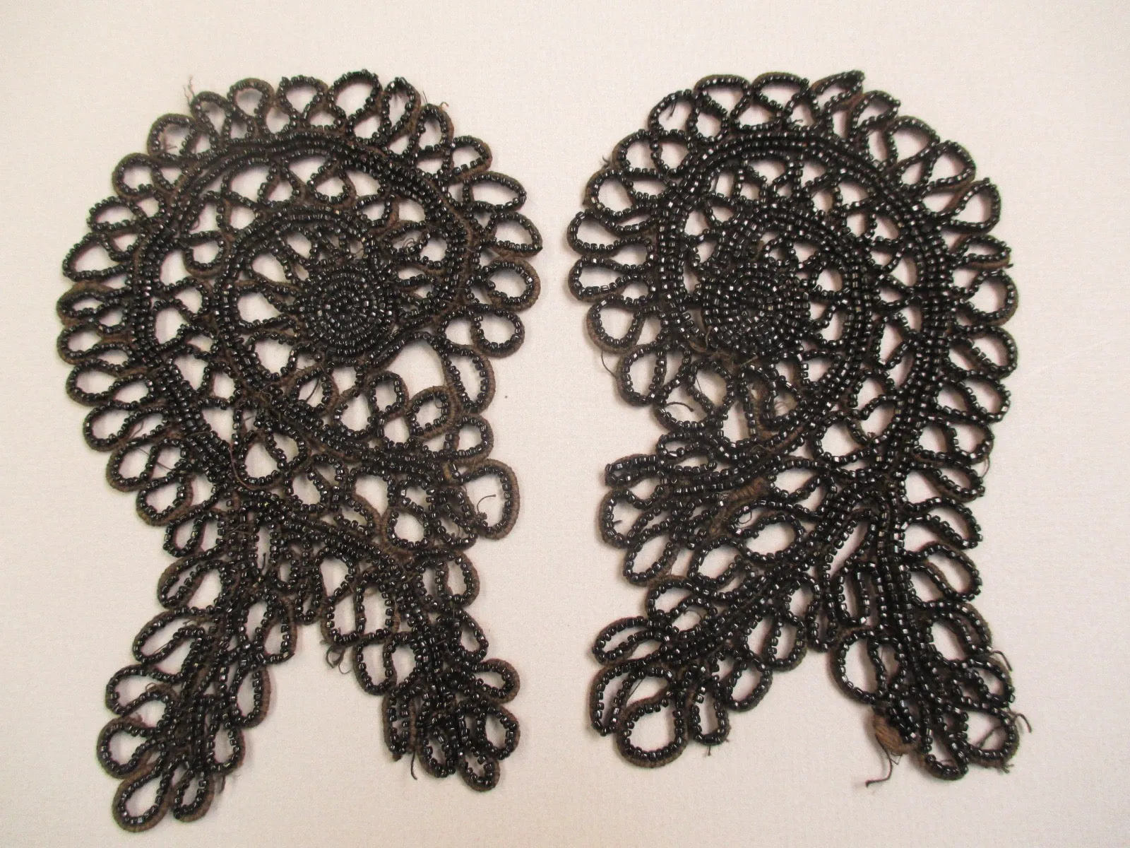 Antique Victorian trim Black Jet Beaded Appliqué set of 2