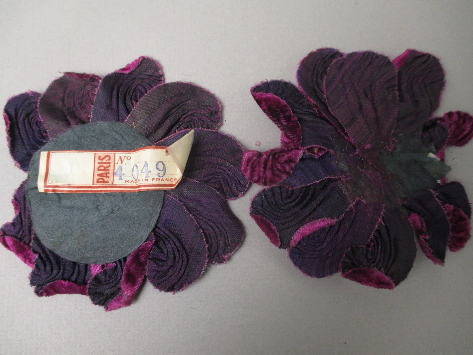 Antique Victorian Velvet Flowers set of 2 Paris Label