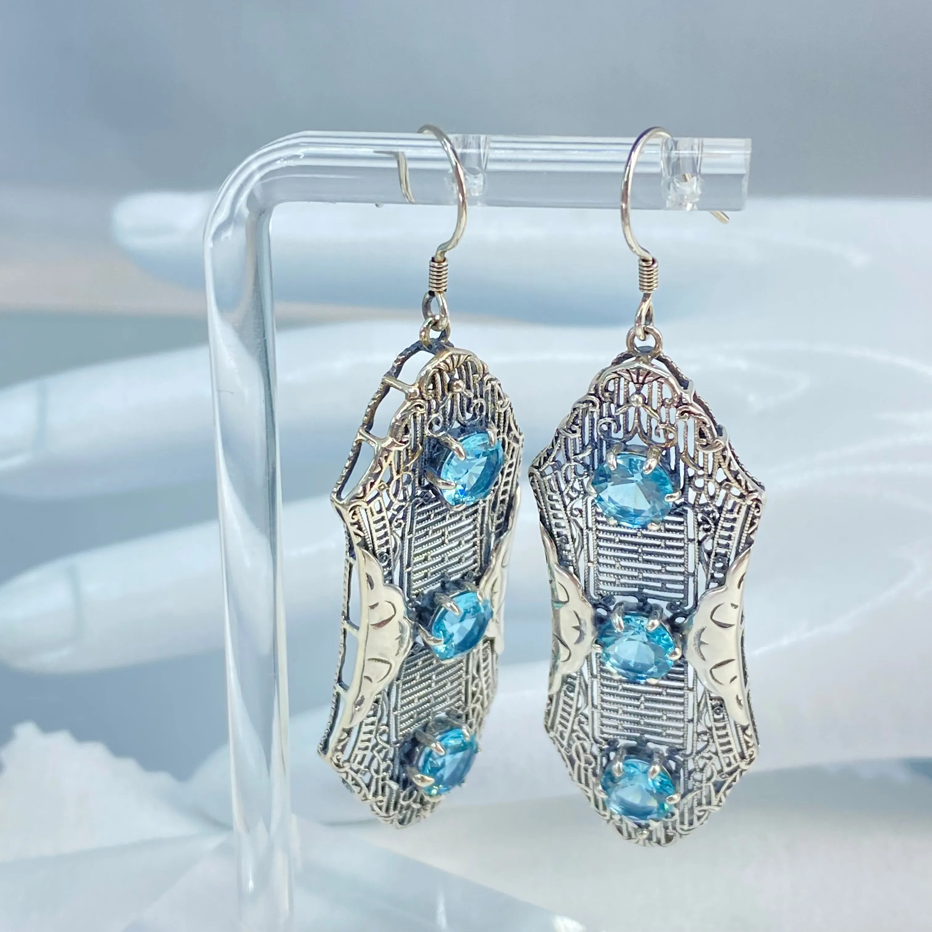 Aquamarine Earrings, Triple Gems, Edwardian Jewelry E42