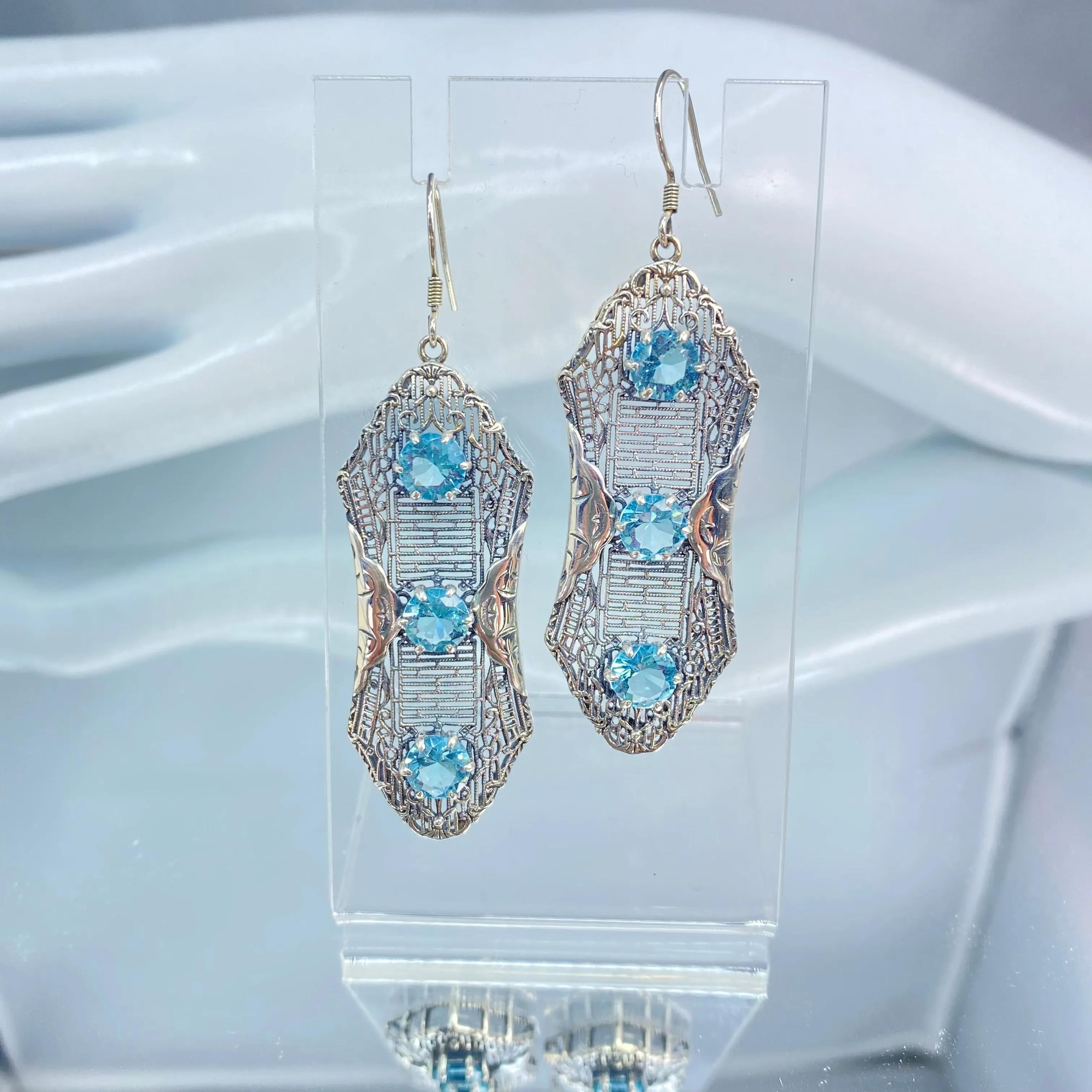 Aquamarine Earrings, Triple Gems, Edwardian Jewelry E42