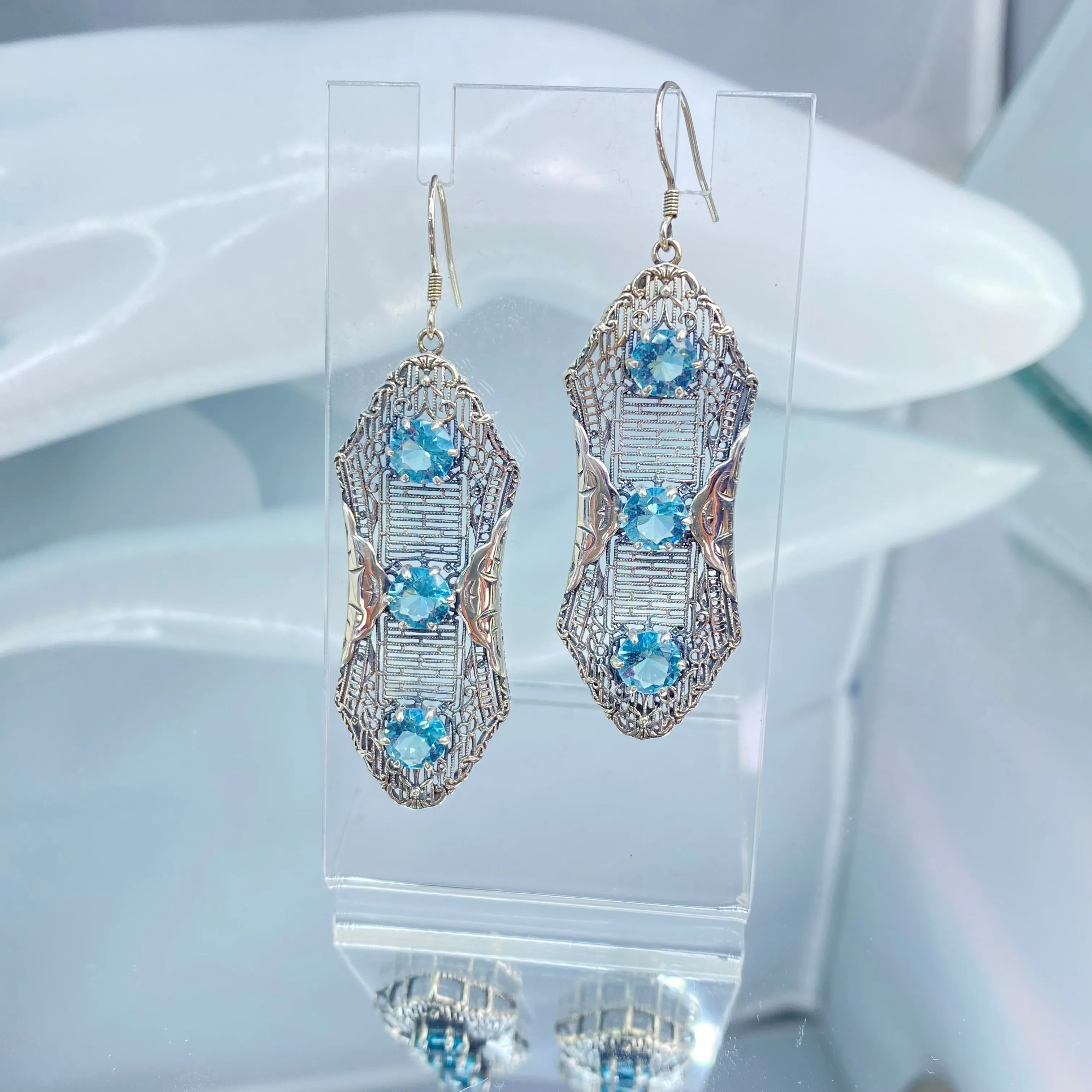 Aquamarine Earrings, Triple Gems, Edwardian Jewelry E42