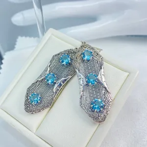 Aquamarine Earrings, Triple Gems, Edwardian Jewelry E42
