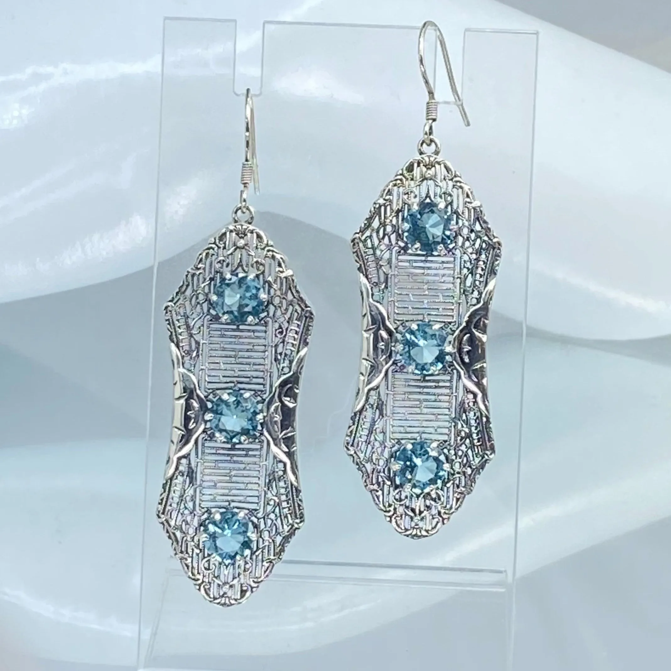 Aquamarine Earrings, Triple Gems, Edwardian Jewelry E42