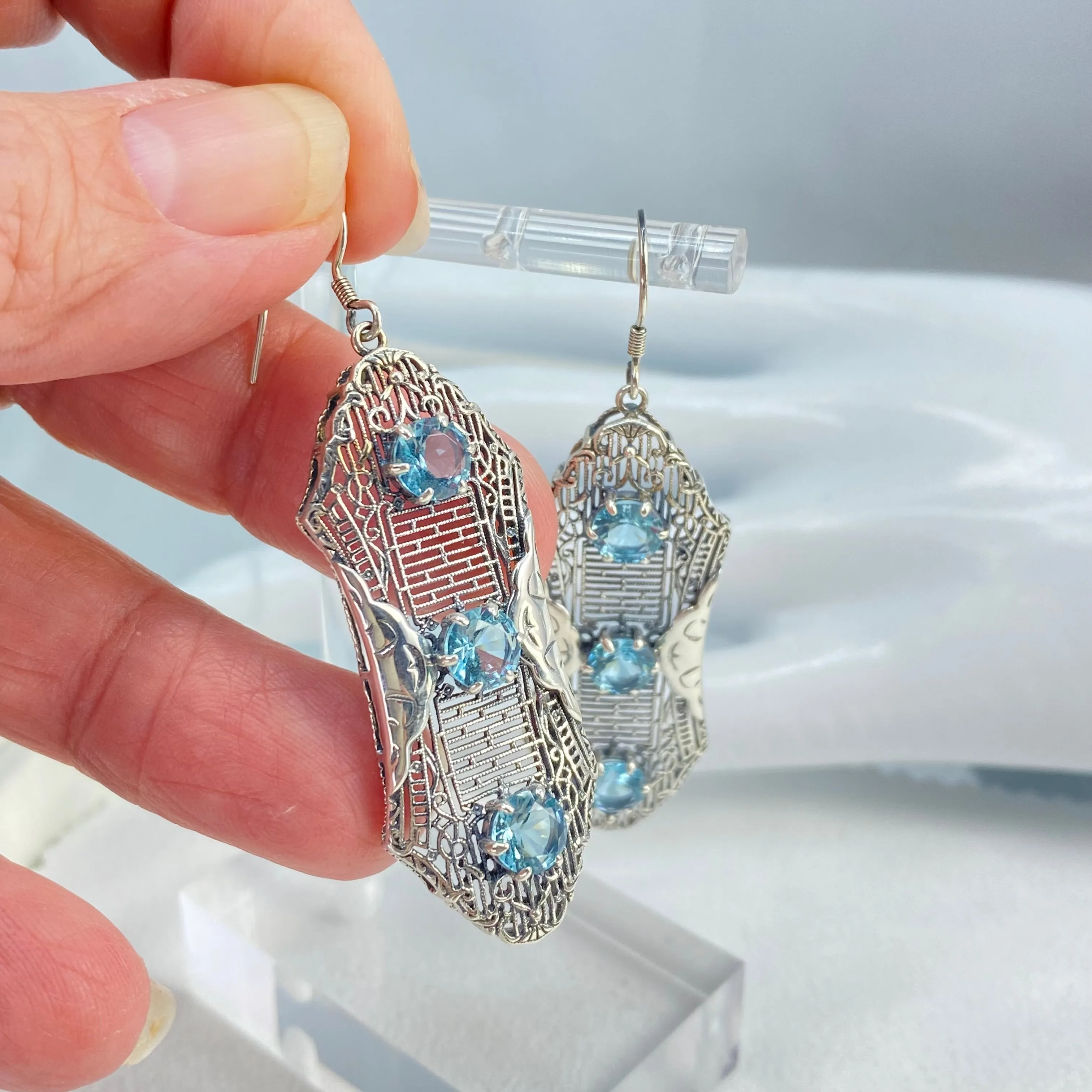 Aquamarine Earrings, Triple Gems, Edwardian Jewelry E42